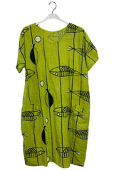 Fish Stripe Print Front Two Pockets Cotton Dress