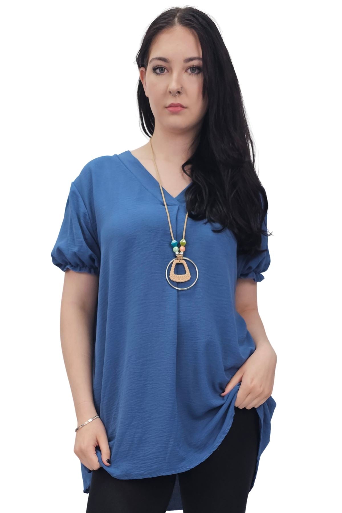 Plain Short Puff Sleeves Necklace Top