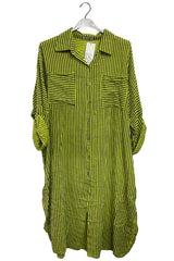 Vertical Pinstripes Print Two Chest Patch Pockets Cotton Dress