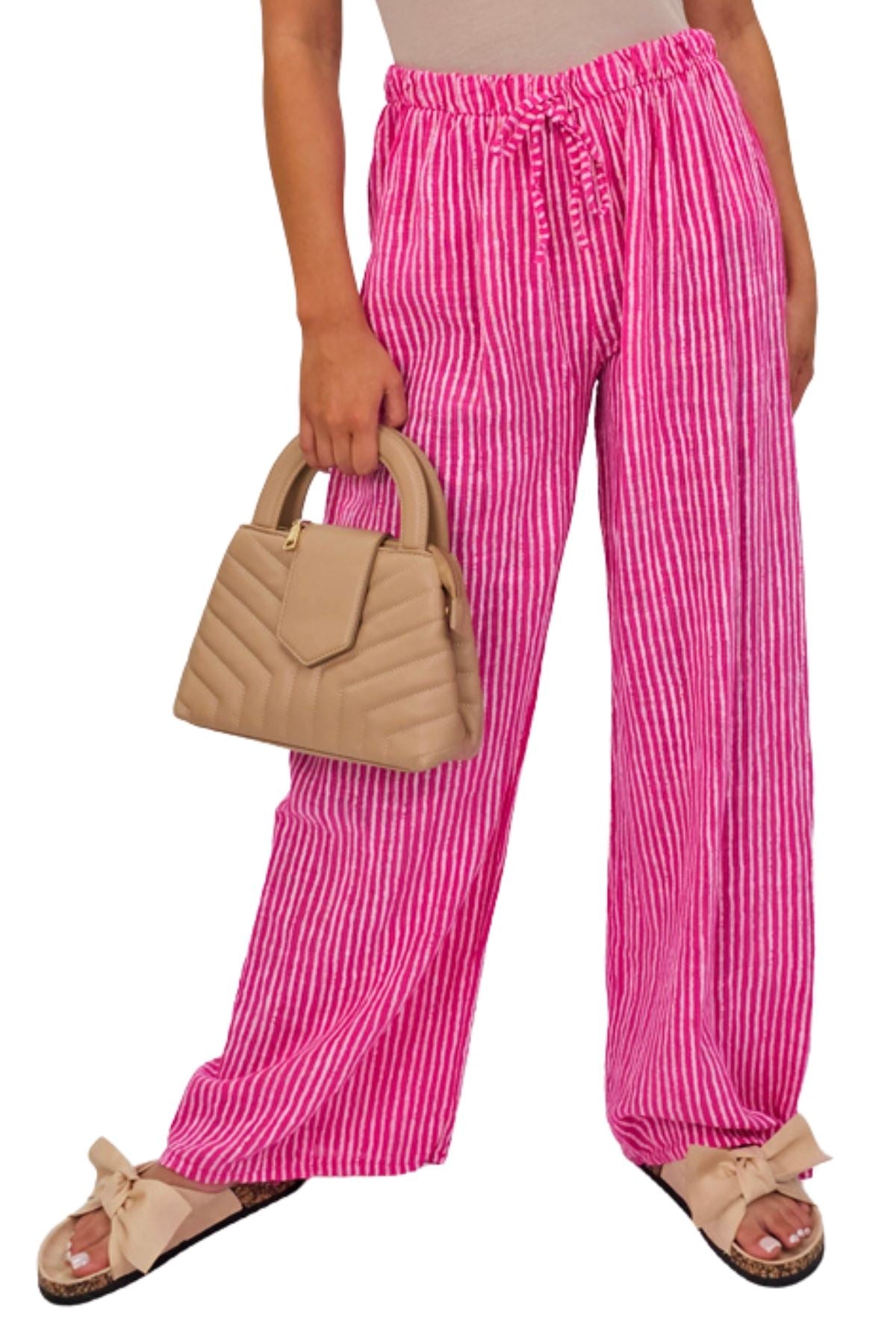 Stripe Print Elasticated Waistband Wide Leg Cotton Trousers