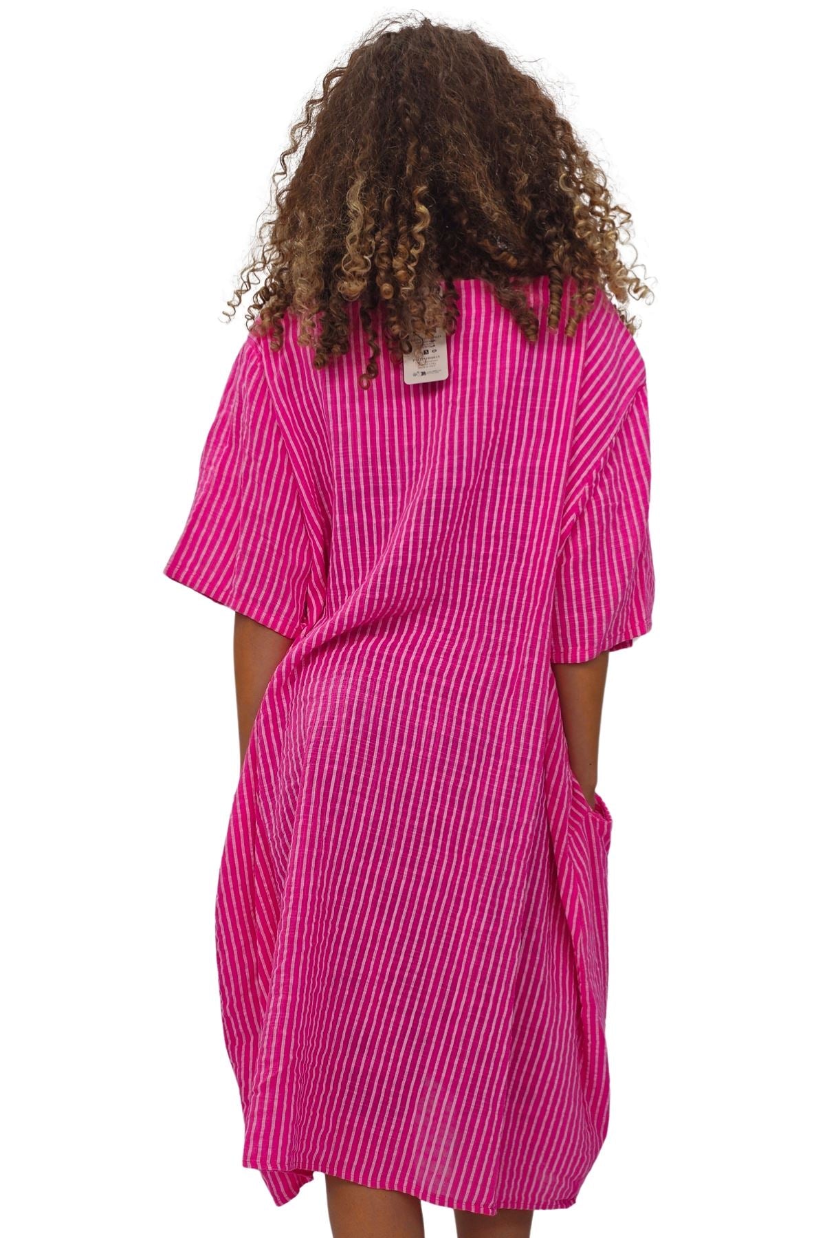 Vertical Stripes Print Two Side Pockets Cotton Dress