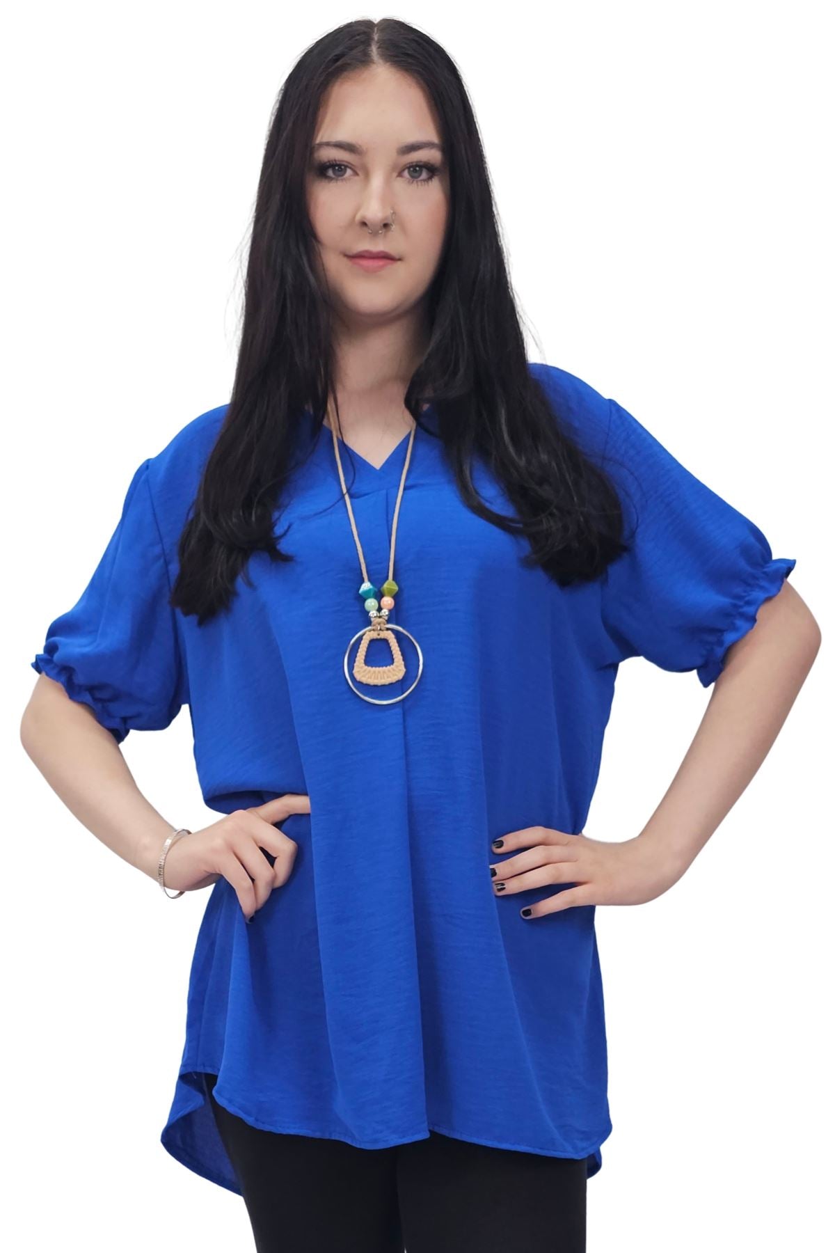 Plain Short Puff Sleeves Necklace Top