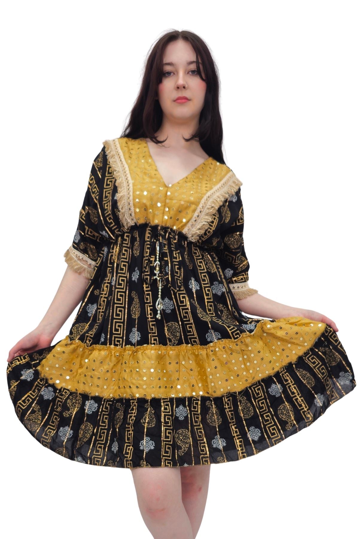Foil Greek Key Paisley Print Lace Patch Work Dress