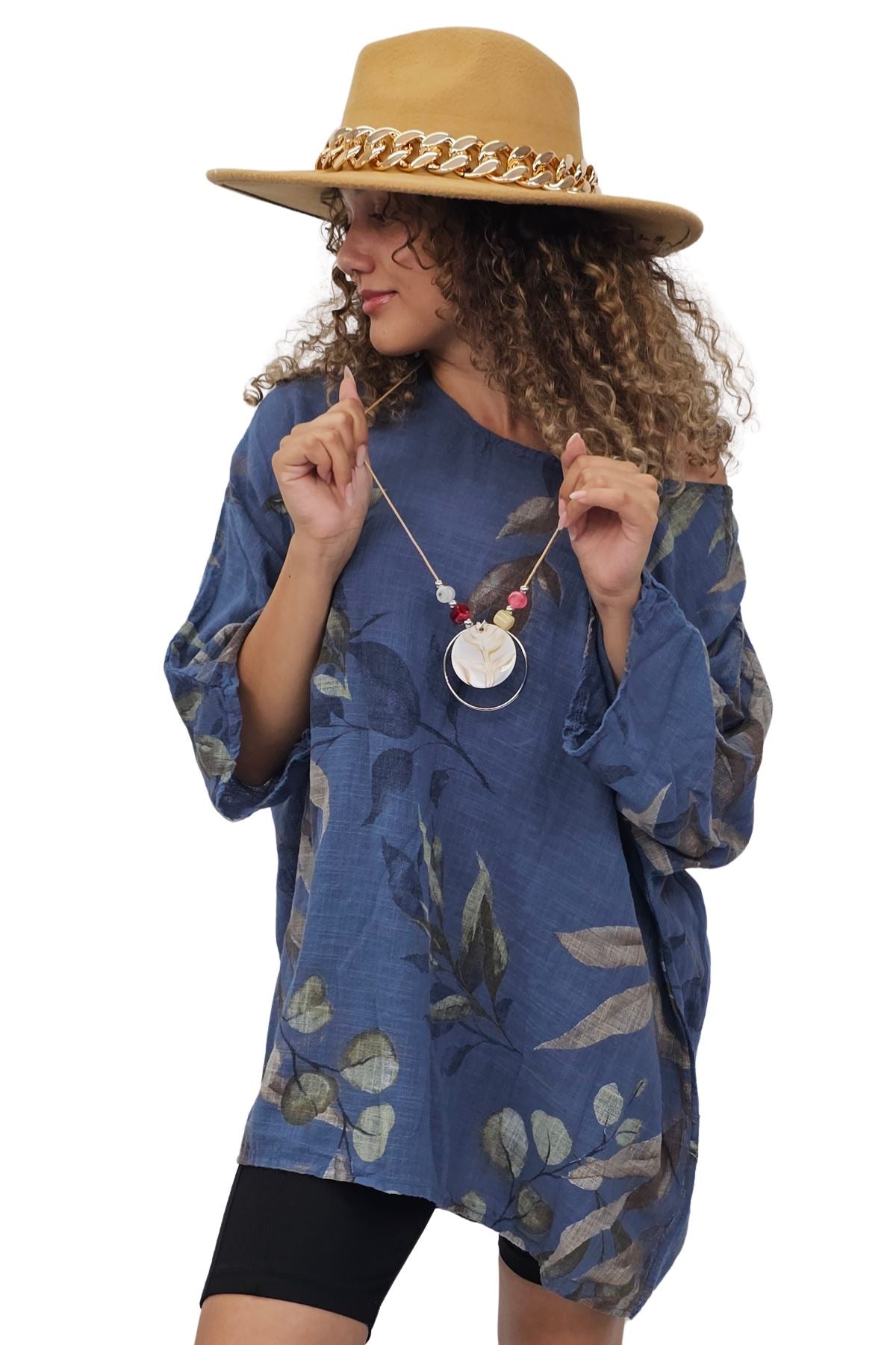 Floral Print Oversized Necklace Tunic Cotton Top