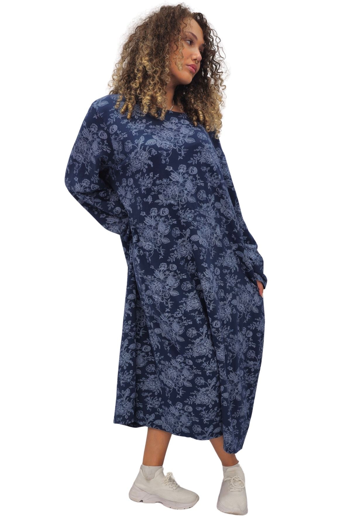 Floral Print Baggy Long Style Cotton Dress