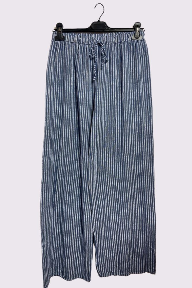 Stripe Print Elasticated Waistband Wide Leg Cotton Trousers