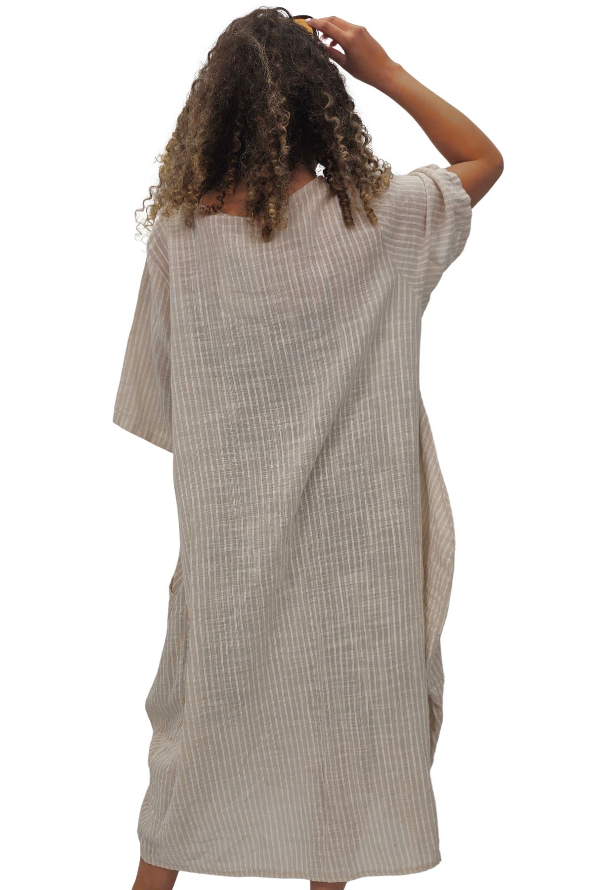 Vertical Stripes Print Two Side Pockets Cotton Dress