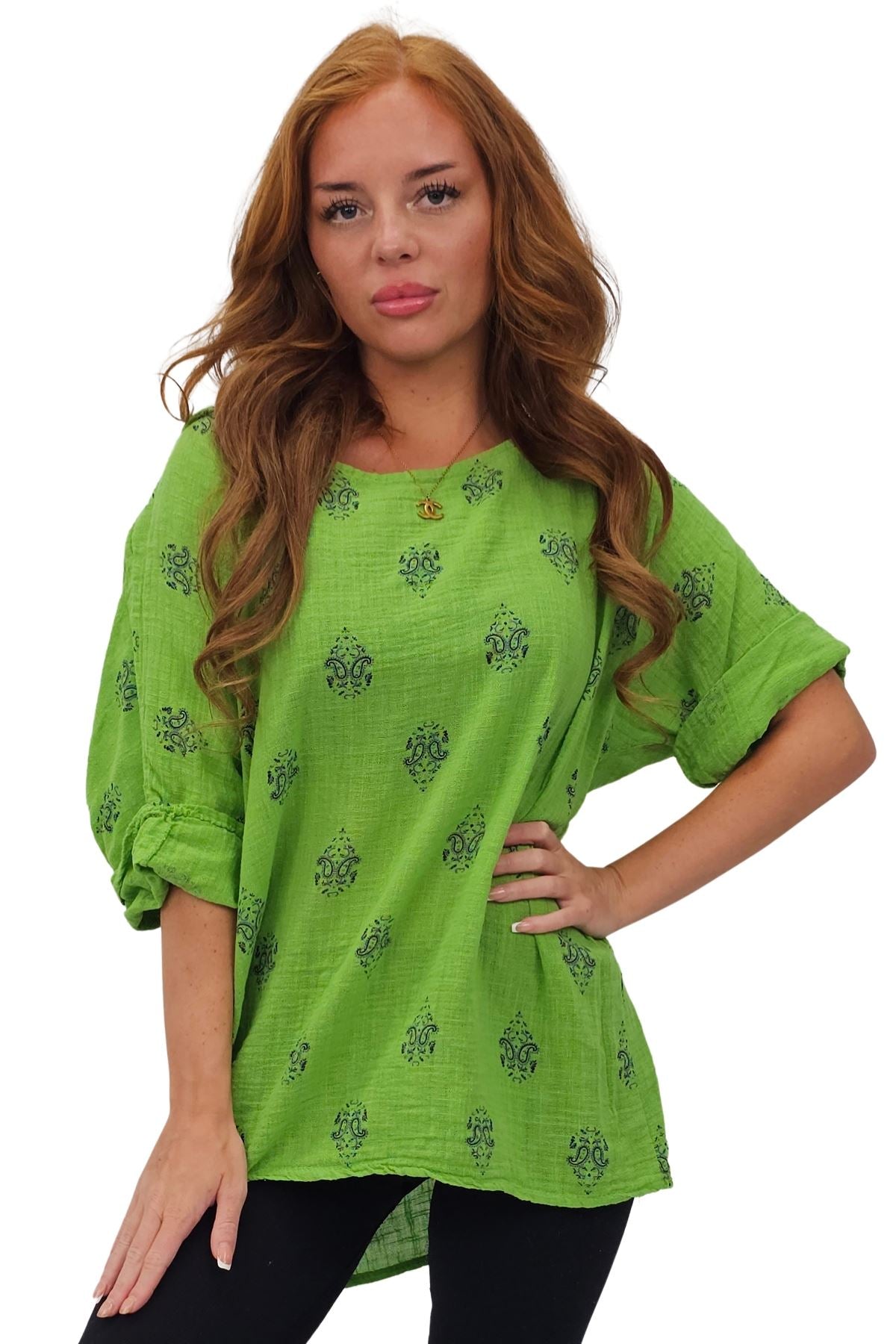 Block Print-Style Motifs Tunic Silhouette Cotton Top