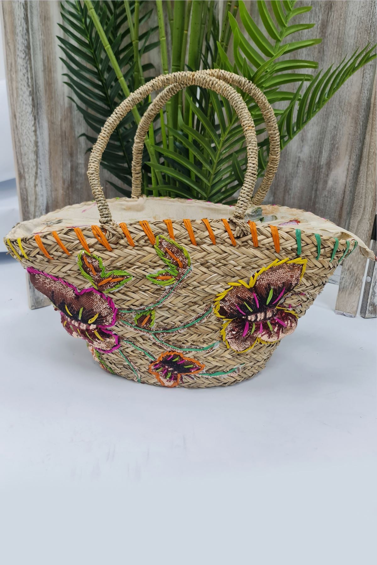 Embroidered Straw beautifly Two Handel Bag