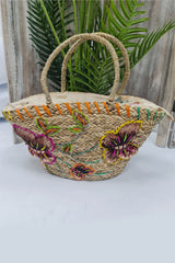 Embroidered Straw beautifly Two Handel Bag