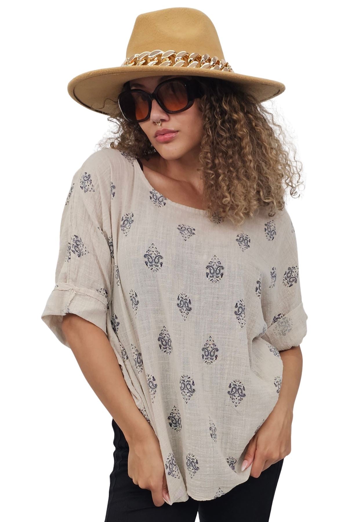 Block Print-Style Motifs Tunic Silhouette Cotton Top