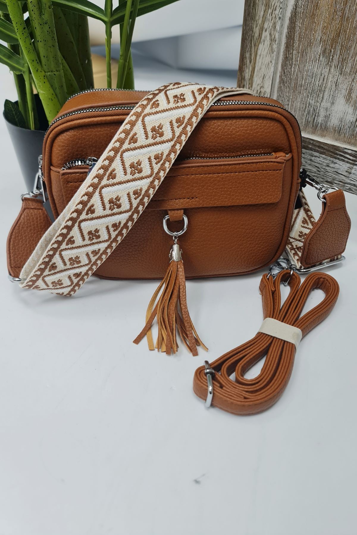 Adjustable Patterned Strap Tassel Shoulder Bag