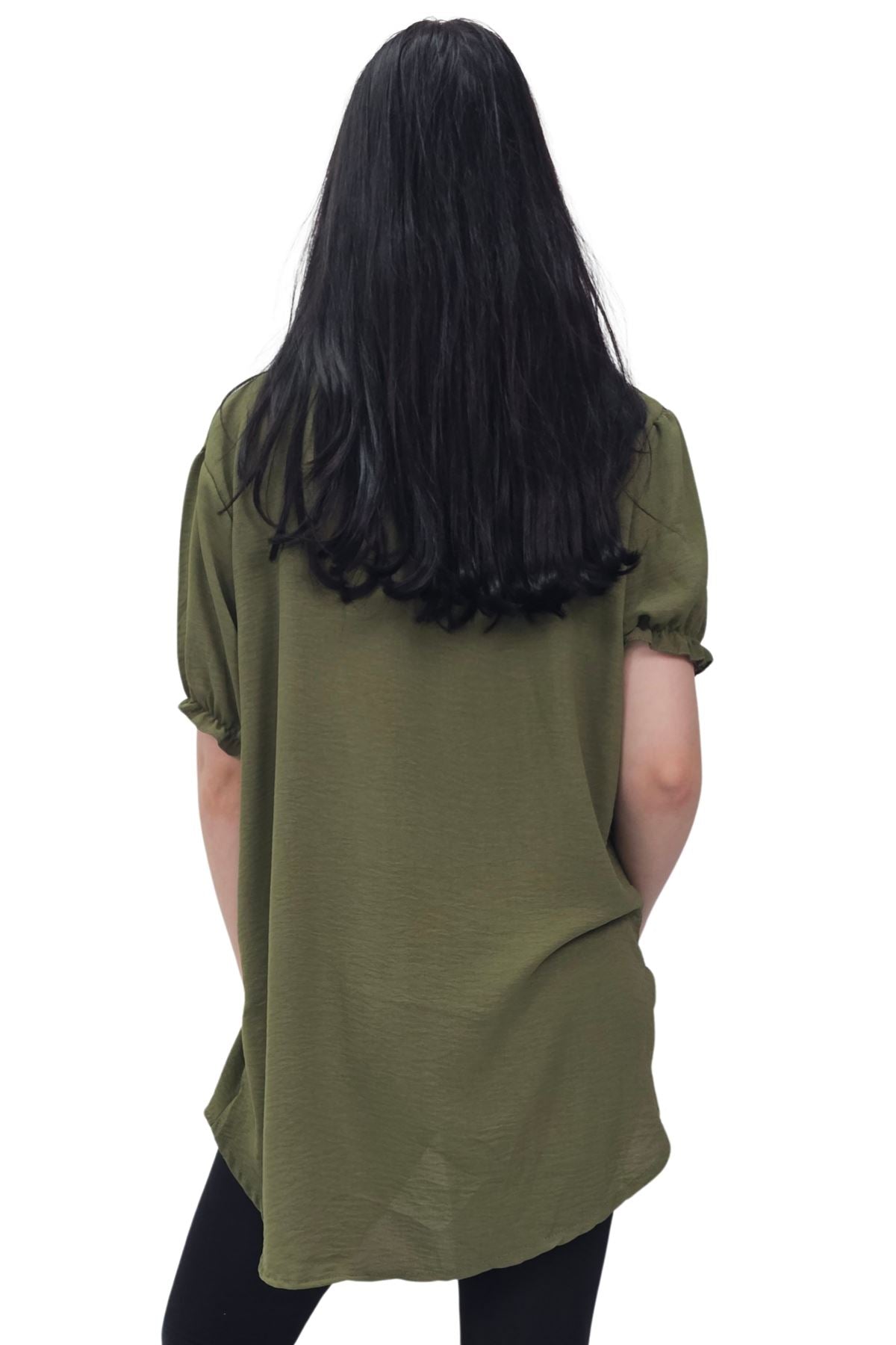 Plain Short Puff Sleeves Necklace Top