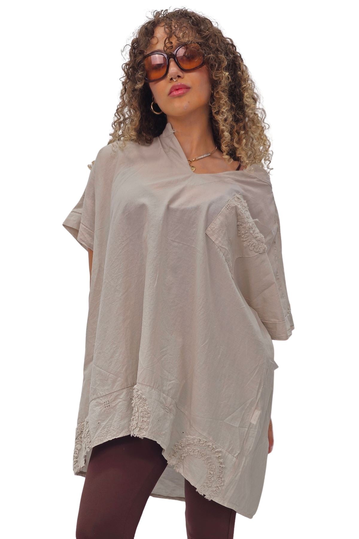Plain Chest Pocket Lace Embroidered Detailing Cotton Top