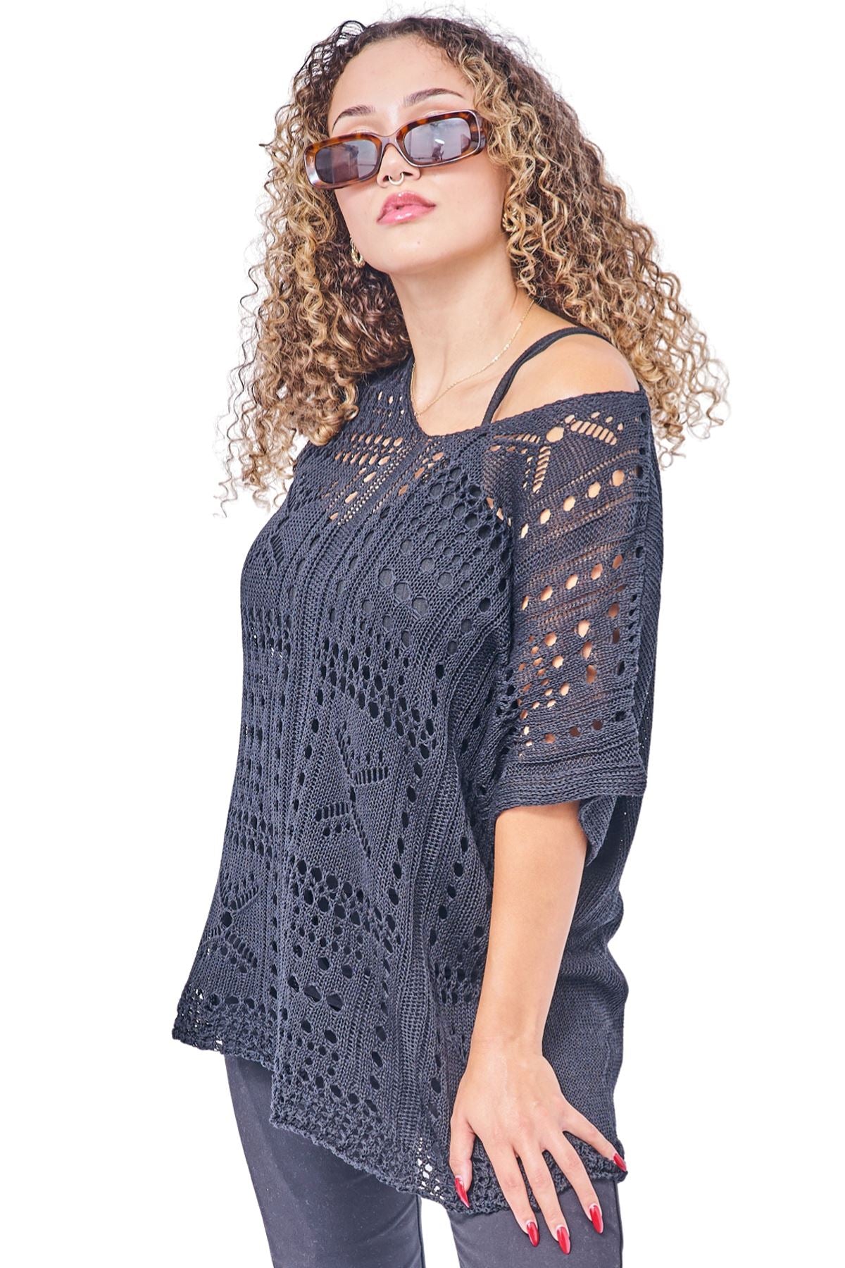Crocheted Openwork Design Tunic Cotton Top