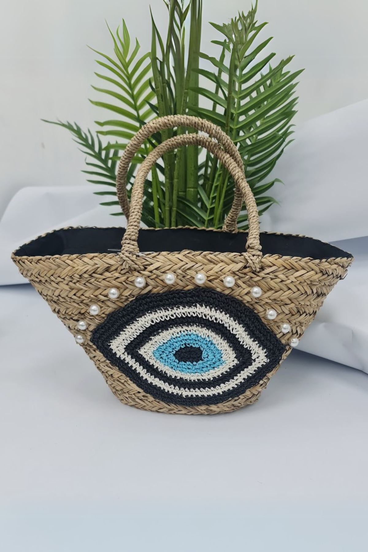 Eye Detail Straw Beaded Two Handle Tote Bag