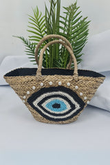 Eye Detail Straw Beaded Two Handle Tote Bag