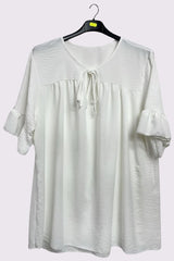 Plain Tie Neck Ruffle Sleeve Top