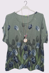 Tulip Flower Print Oversized Cotton Top