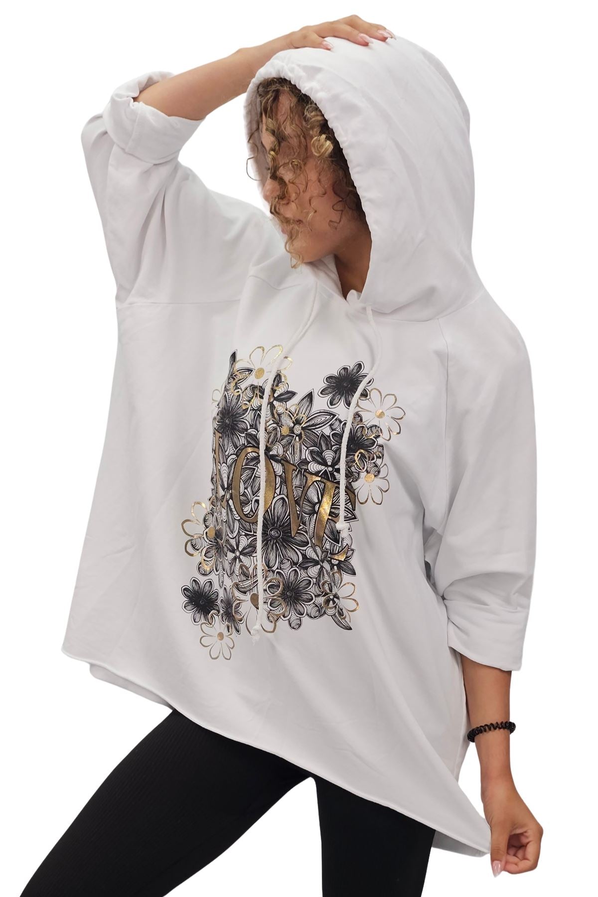 Love Flower Foil Print String Hoody High Low Hem Cotton Hoodie