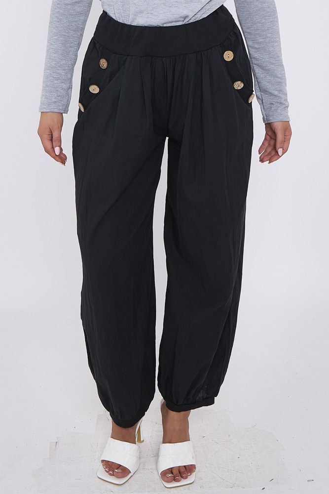 Plain Cuffed Hem Side Button Pocket Hareem Pants
