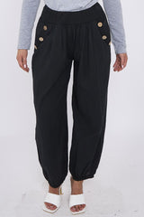Plain Cuffed Hem Side Button Pocket Hareem Pants
