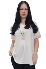 Plain Short Puff Sleeves Necklace Top