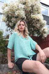 Vertical Stripes Print Front Tie Knot Top