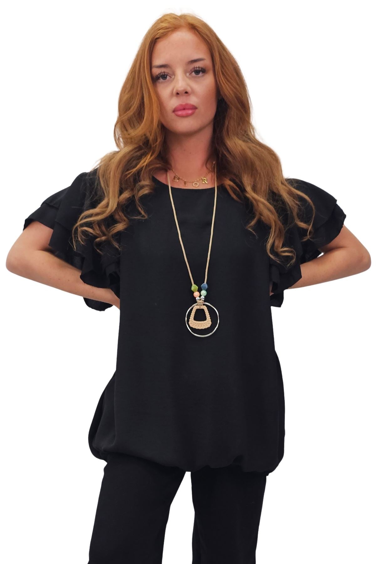 Plain Flutter Sleeves Elastic Hemline Top