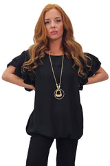 Plain Flutter Sleeves Elastic Hemline Top