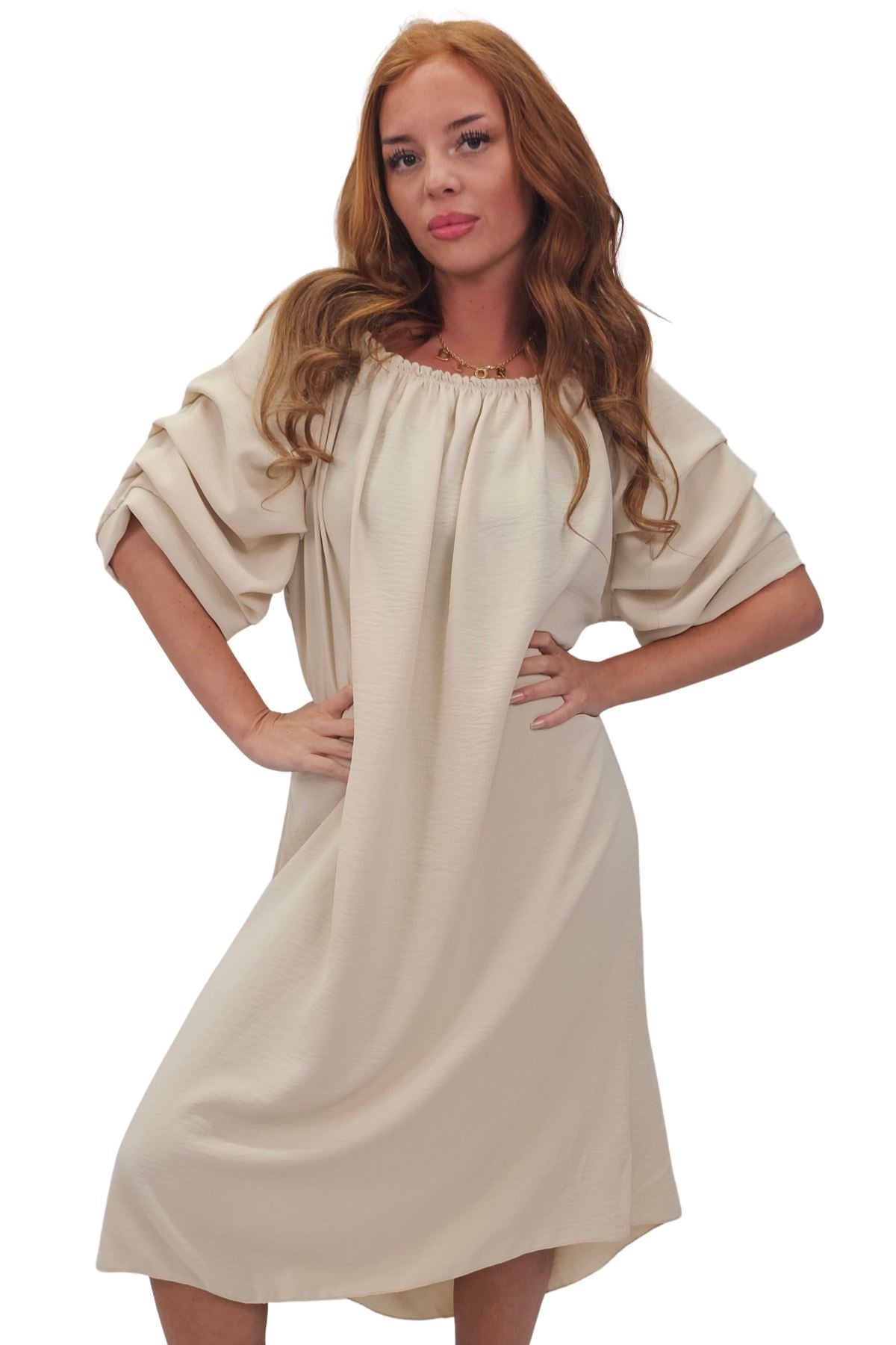 Plain Puff Sleeves Layered Detail Dress