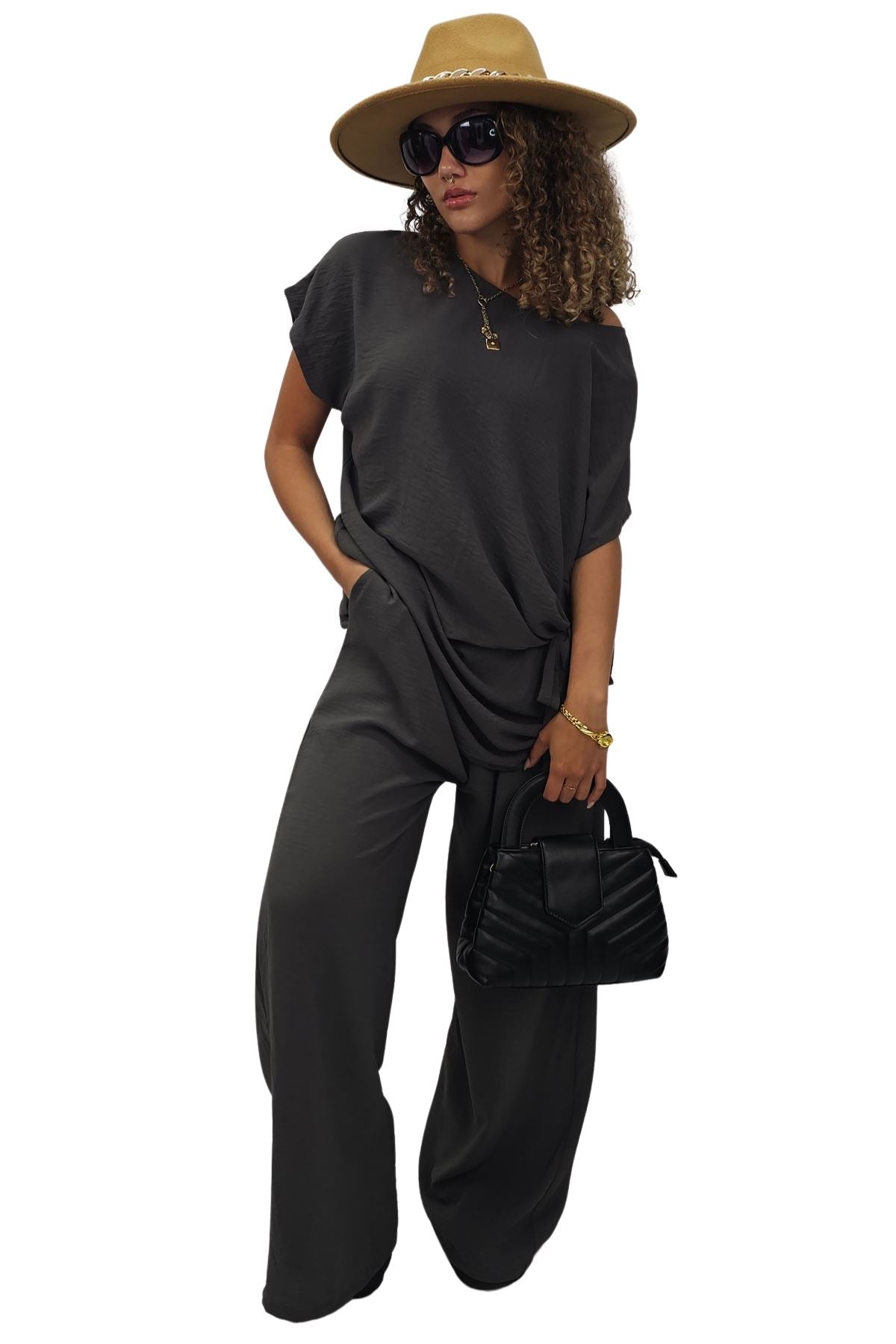 Plain Side Tie Detail Drawstring Waistband Co-Ord Set