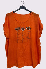 Sequin Embroidered Flower Pattern Curved Hem Cotton Top