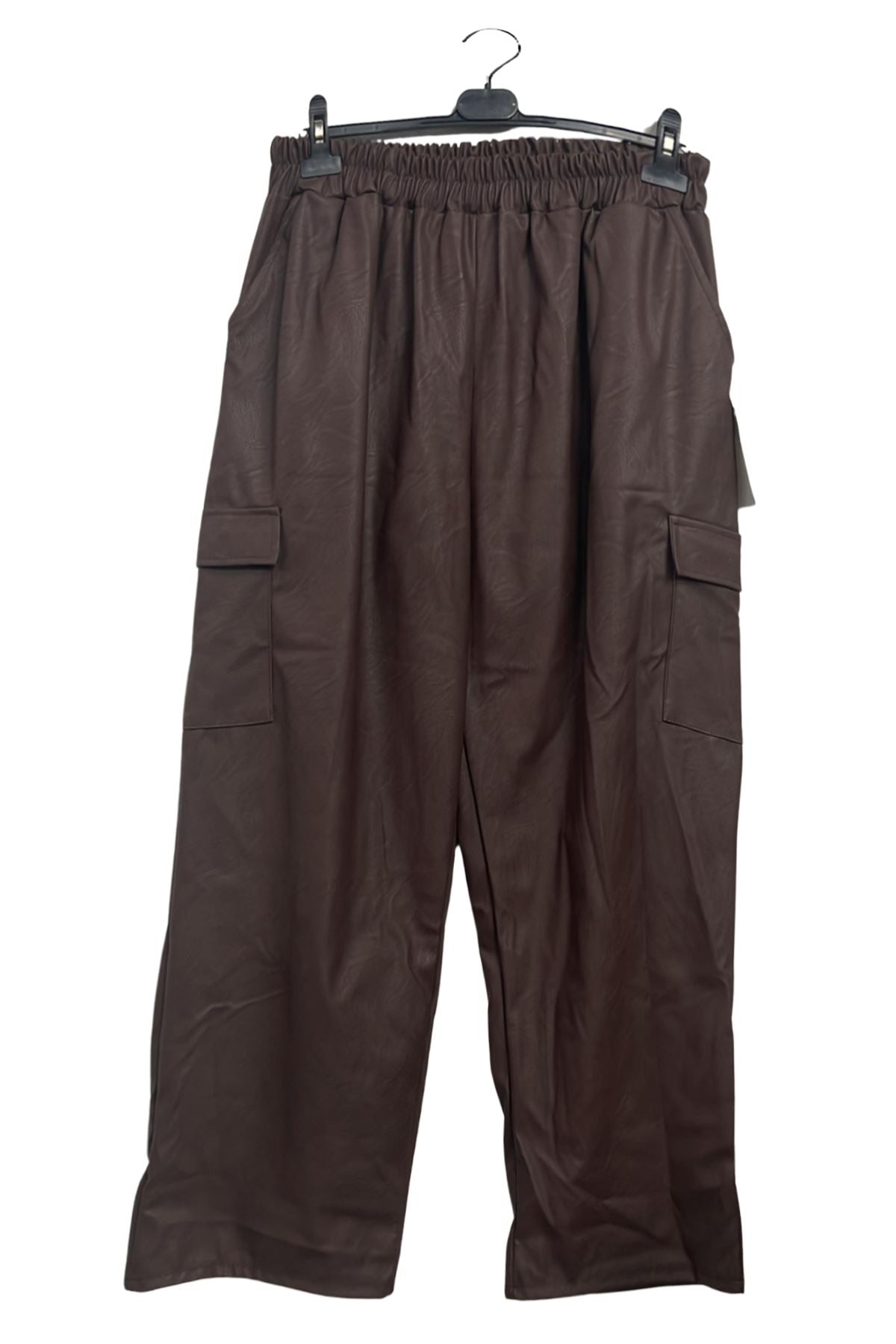 Plain Faux PU Leather Wide Leg Cargo Trousers