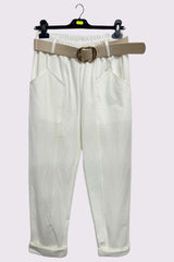 Plain Front Pockets Belted Pants