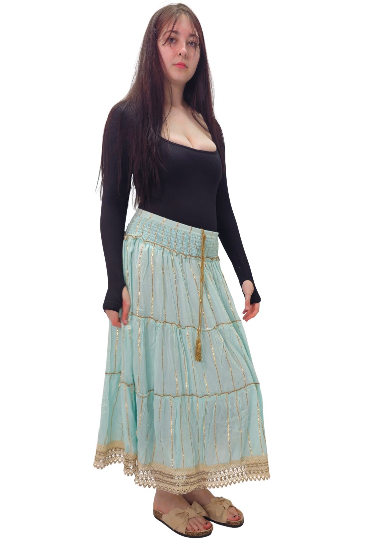 Gold Stripe Pattern Layered Maxi Skirt