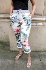 Cotton Tropical Printed Drawstring Foldover Hem Trouser