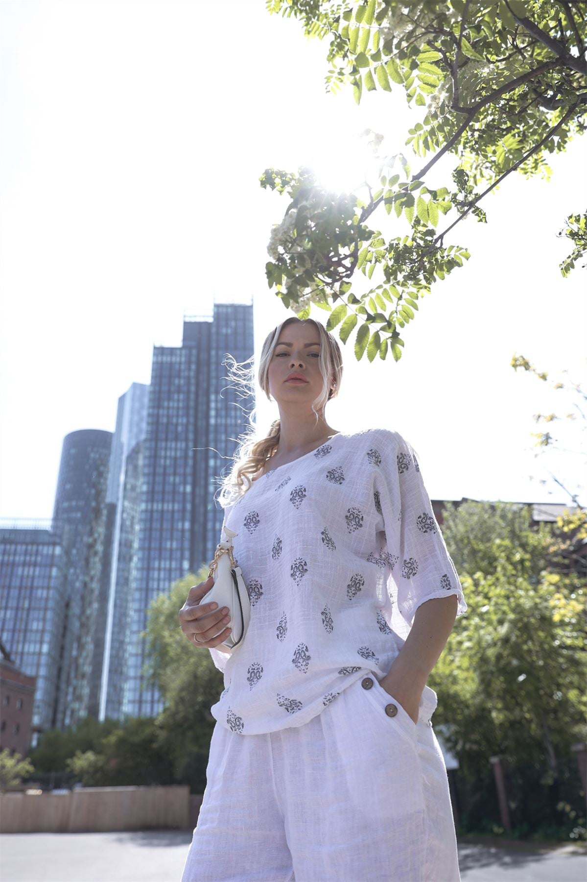 Block Print-Style Motifs Tunic Silhouette Cotton Top