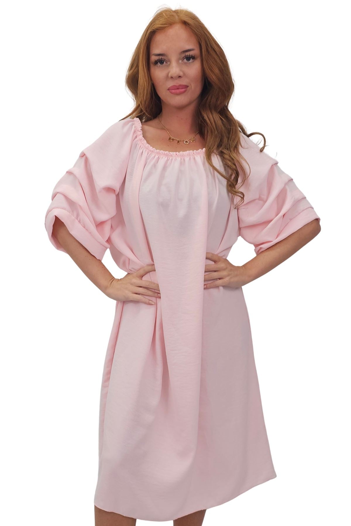 Plain Puff Sleeves Layered Detail Dress