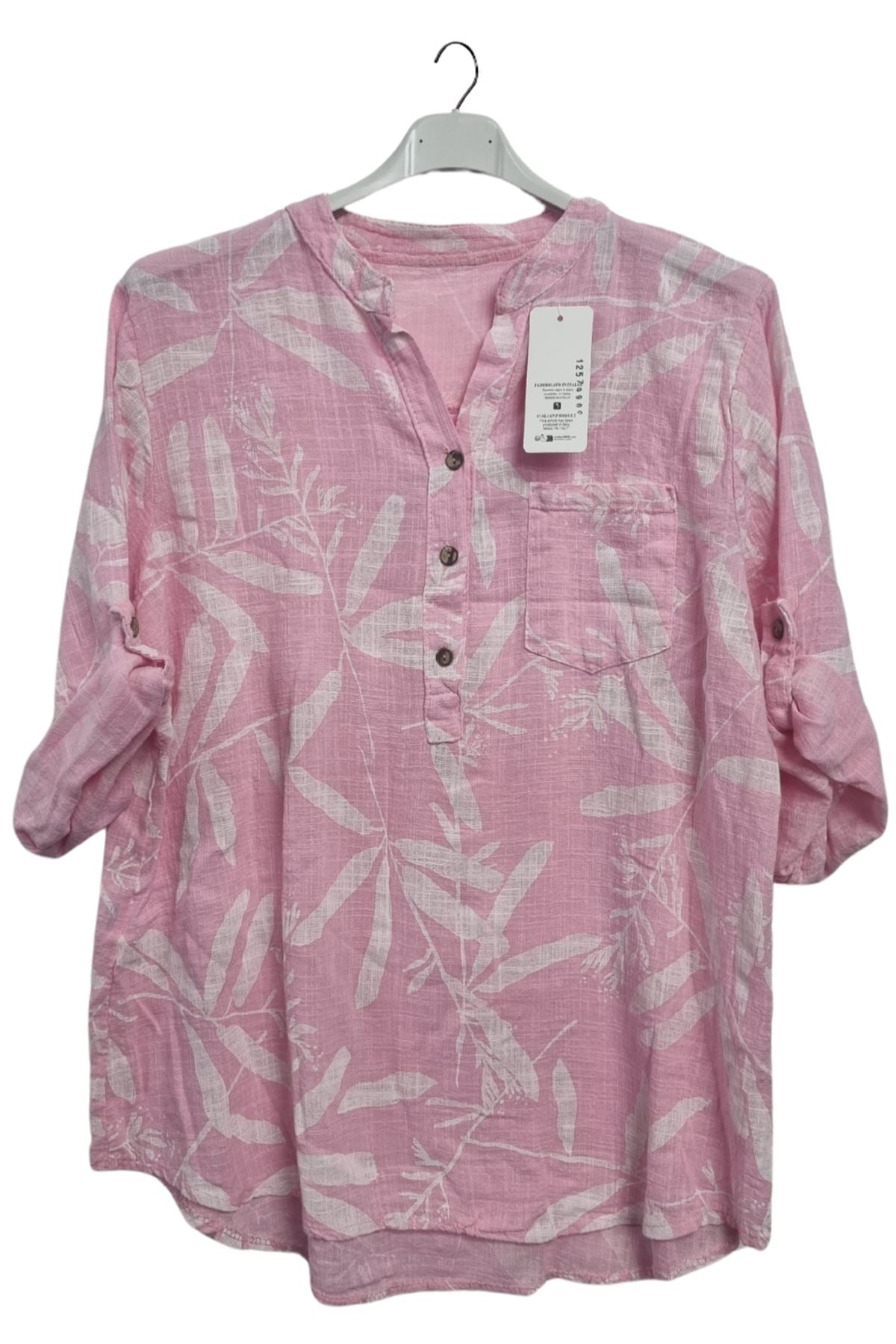Leaf Print Chest Pocket Cotton Top