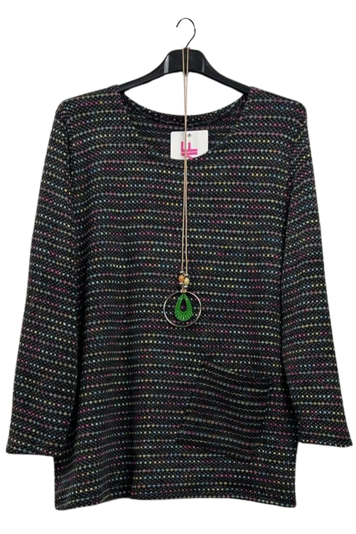Multicoloured Dots Pattern Soft Knit Front Pocket Top