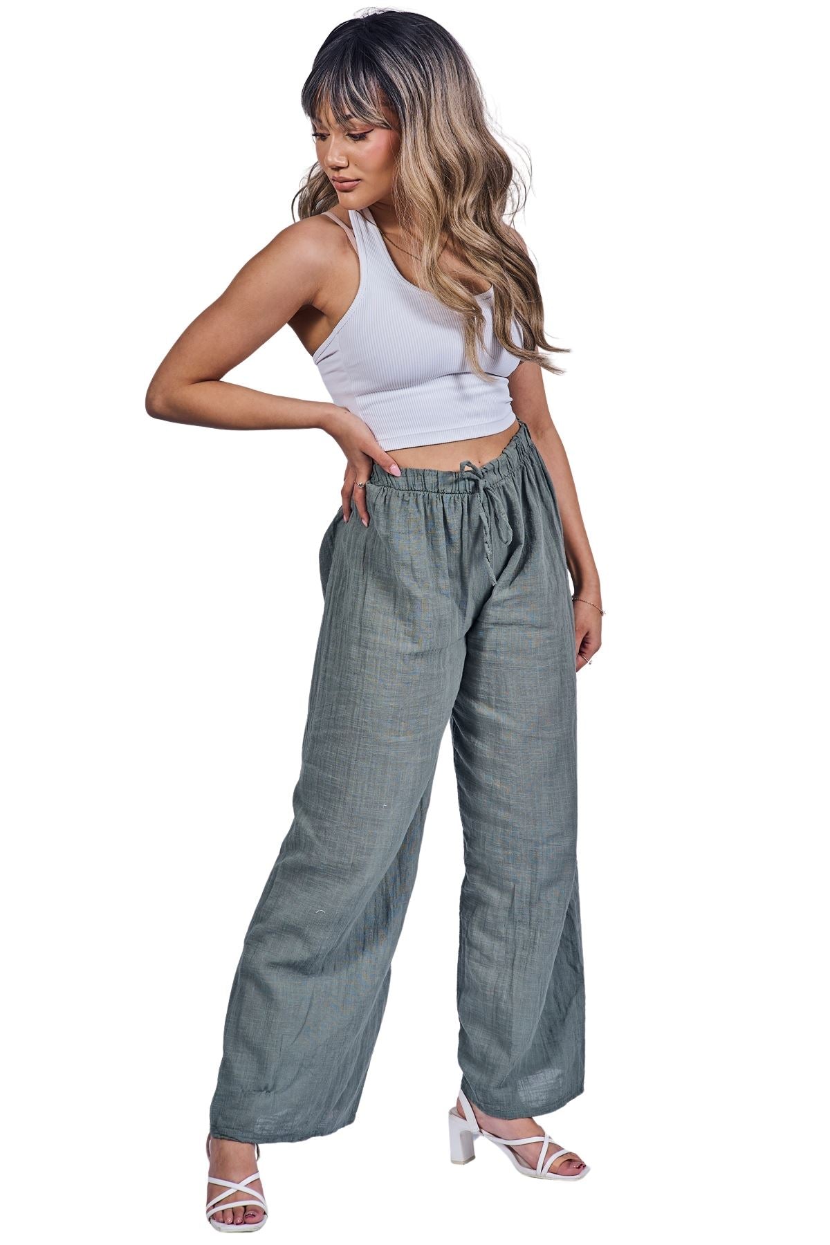Plain Drawstring Wide Legs Cotton Trousers