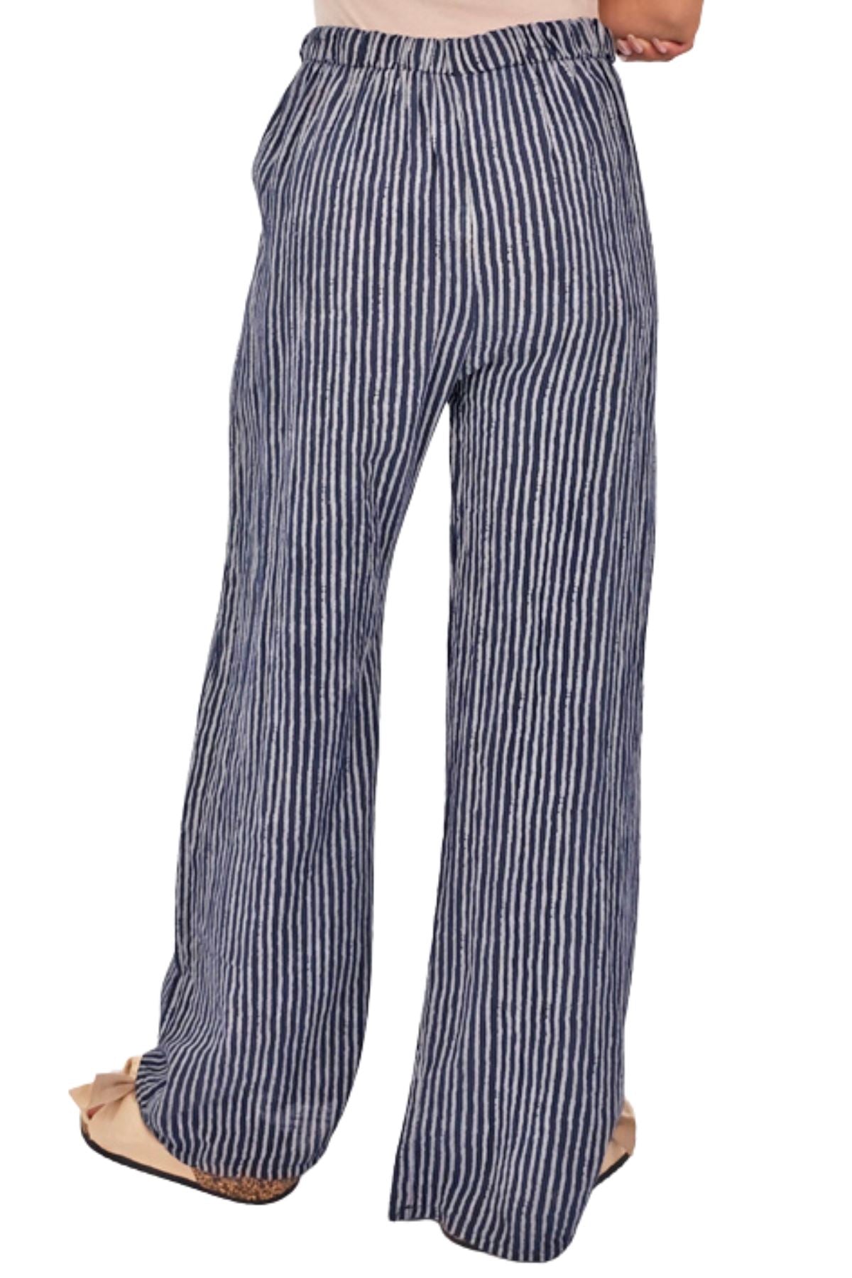 Stripe Print Elasticated Waistband Wide Leg Cotton Trousers
