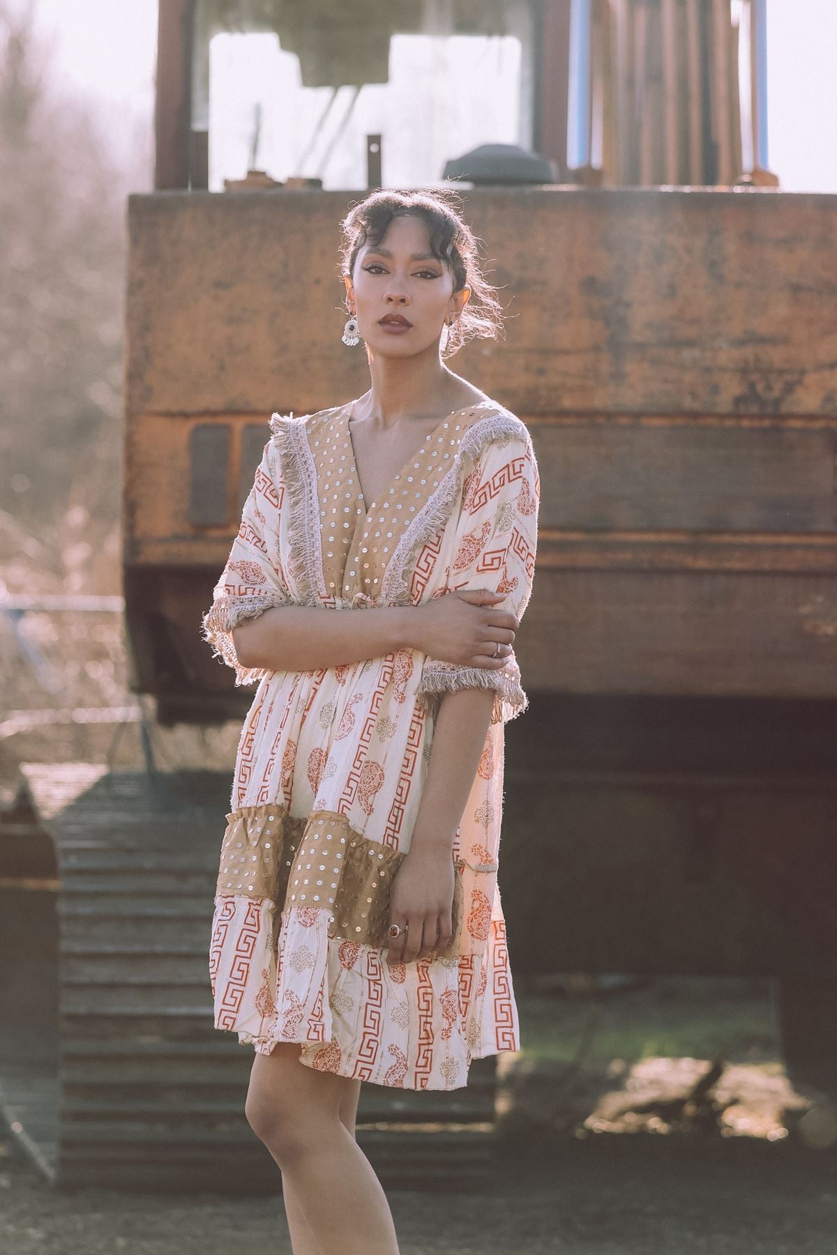 Foil Greek Key Paisley Print Lace Patch Work Dress