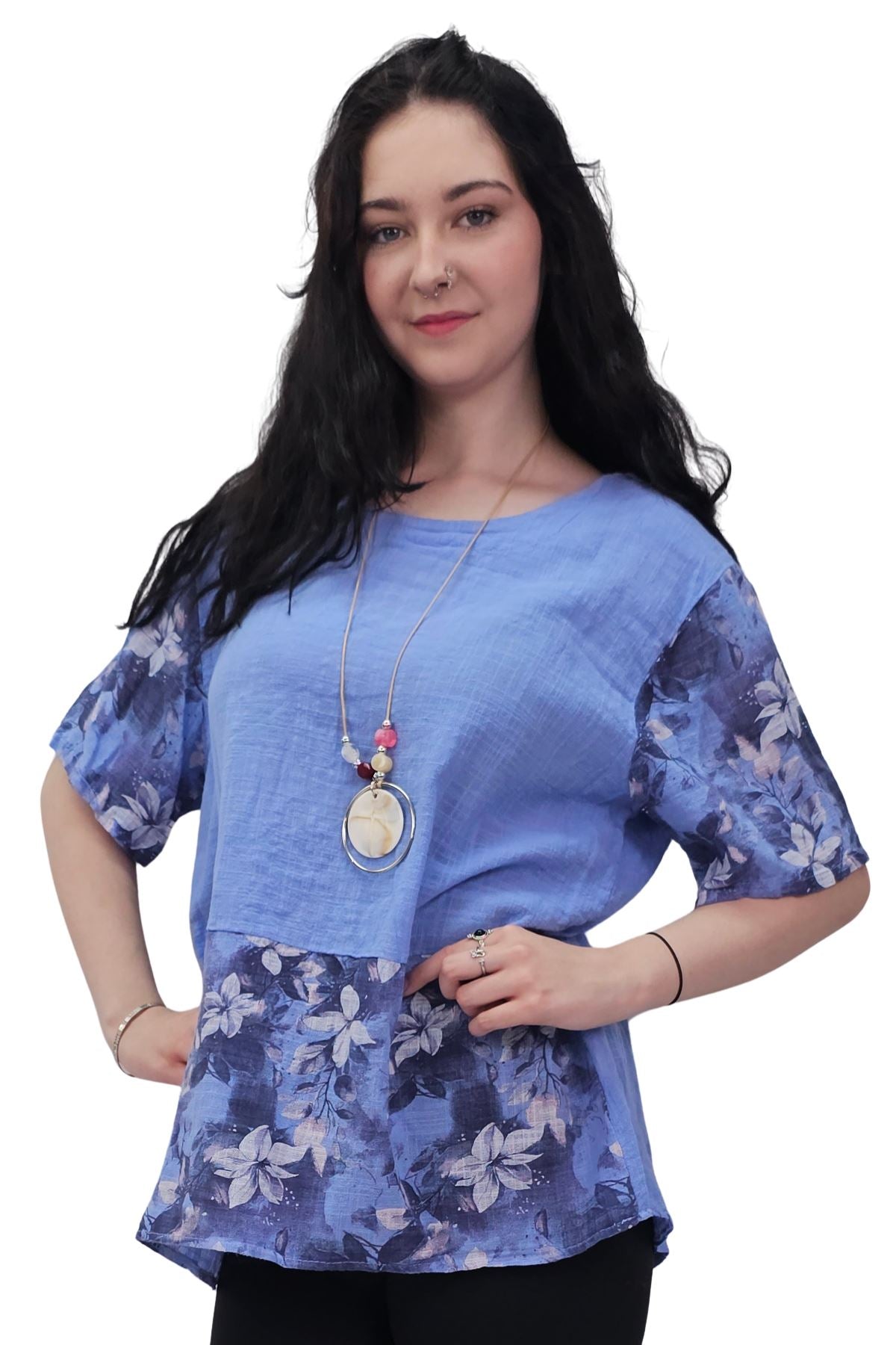 Floral Print Necklace Oversized Tunic Cotton Top