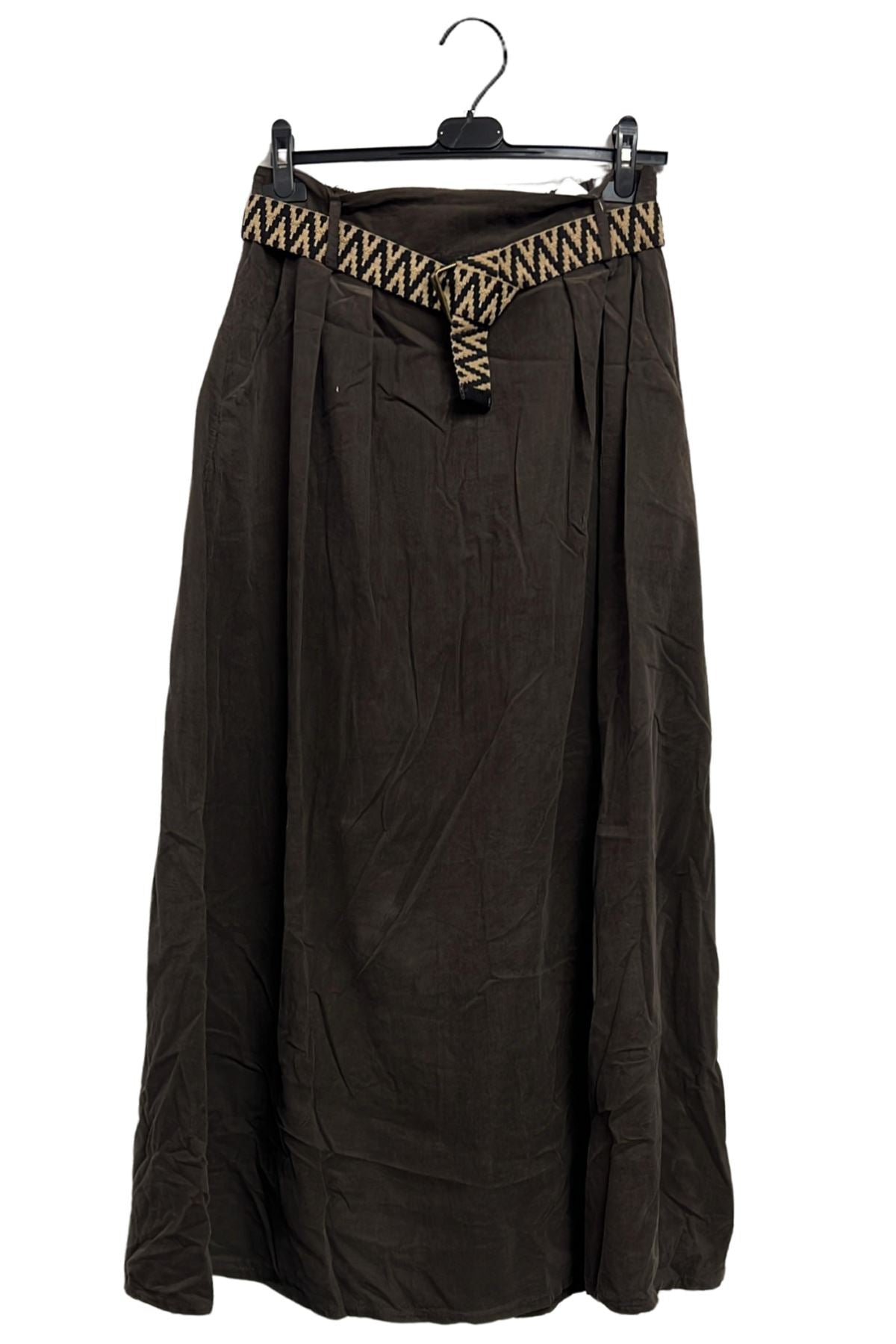 Plain Two Side Pockets Belted Cotton Skirt