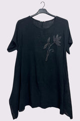 Embroidered Flower Side Slits Oversized Cotton Top