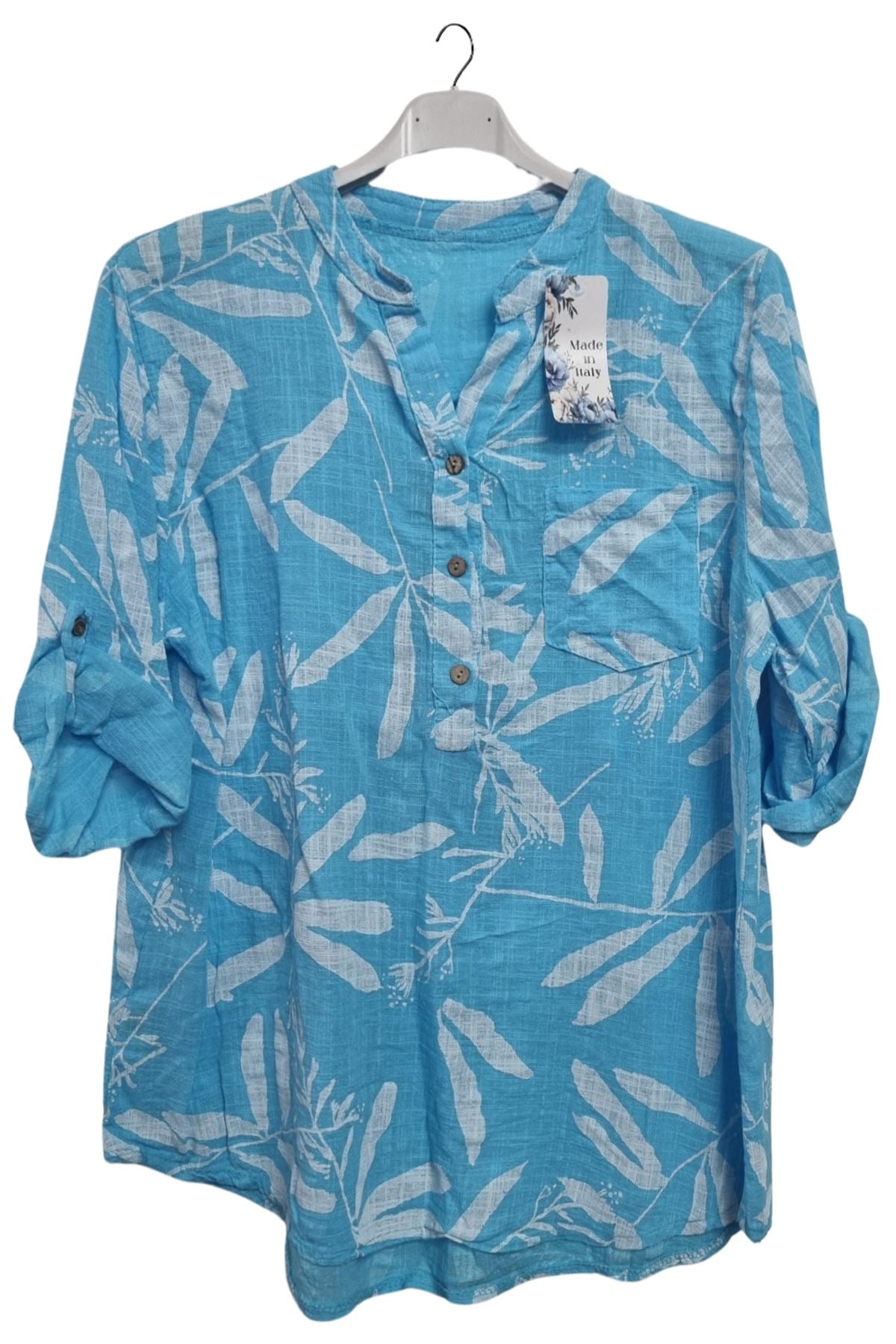 Leaf Print Chest Pocket Cotton Top