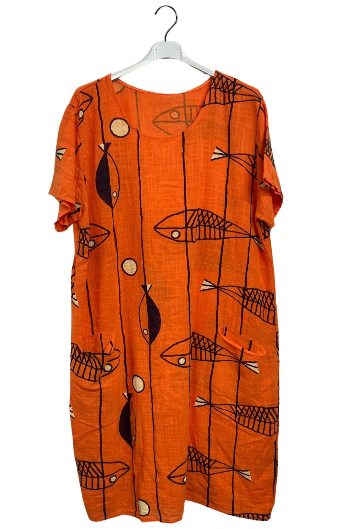 Fish Stripe Print Front Two Pockets Cotton Dress