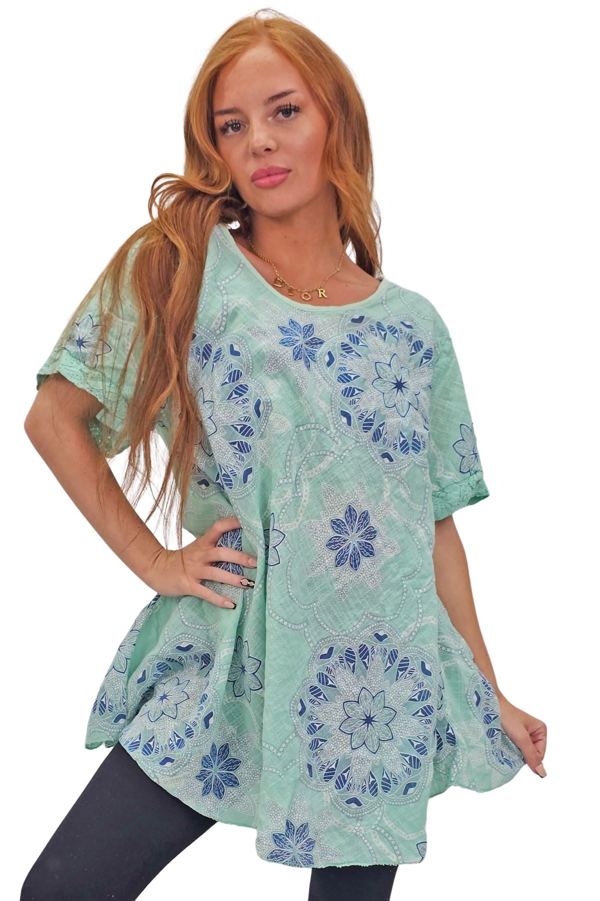 Intricate Floral Geometric Pattern Lace Detail Cotton Top